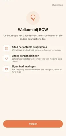 BCW-app: welkomstscherm